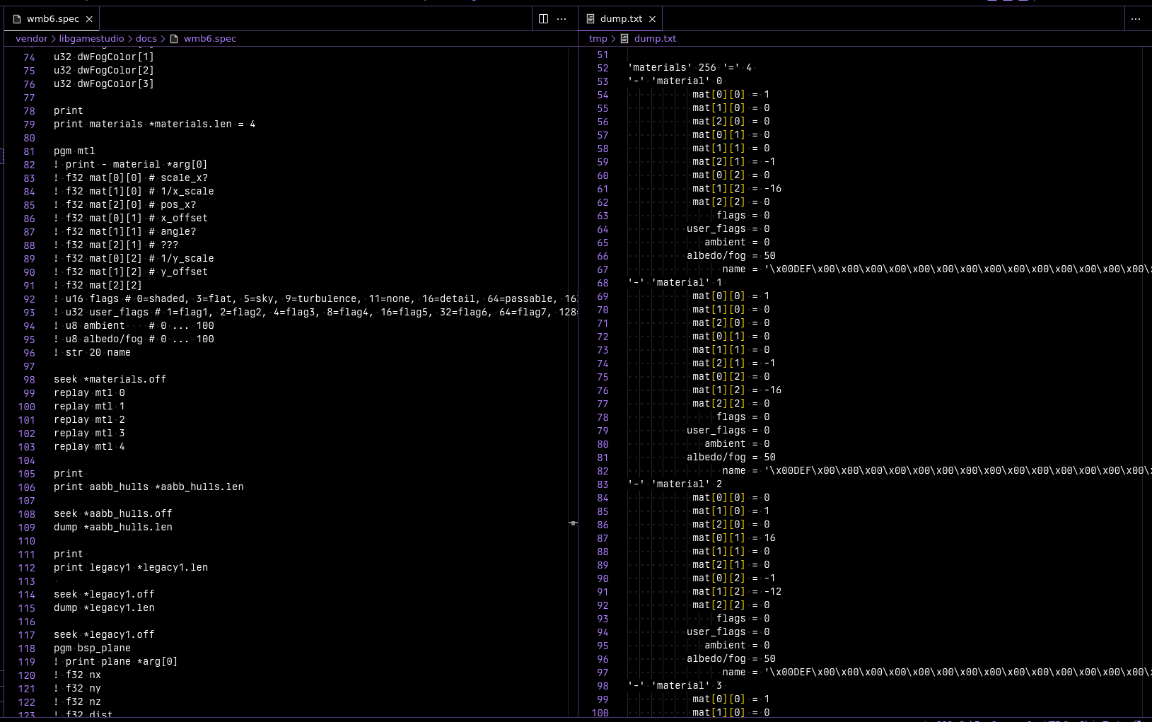 VSCode with a side-by-side editor view, left has the livedecode spec, on the right is the decoded data