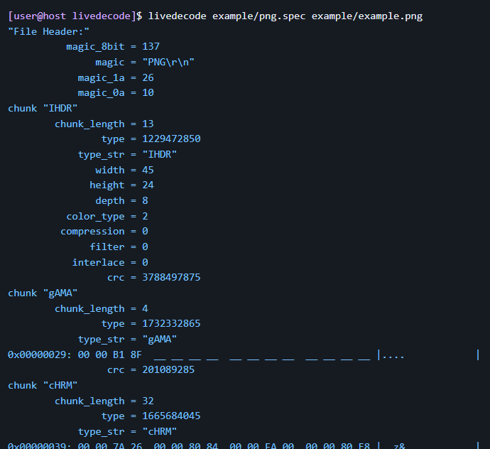 Console output of the above command showing a partially decoded PNG file