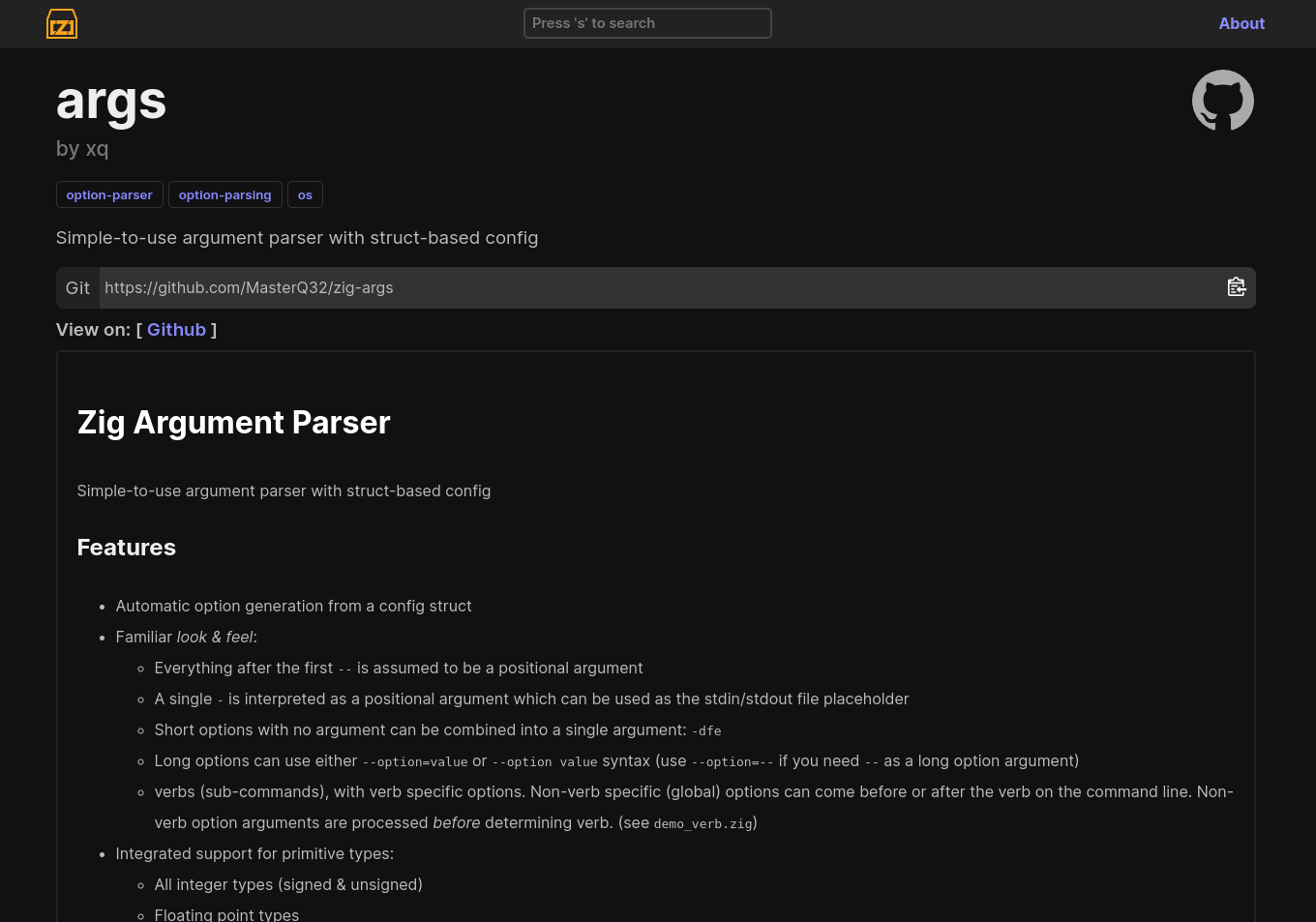 Screenshot of a website that views the readme of zig args and other info