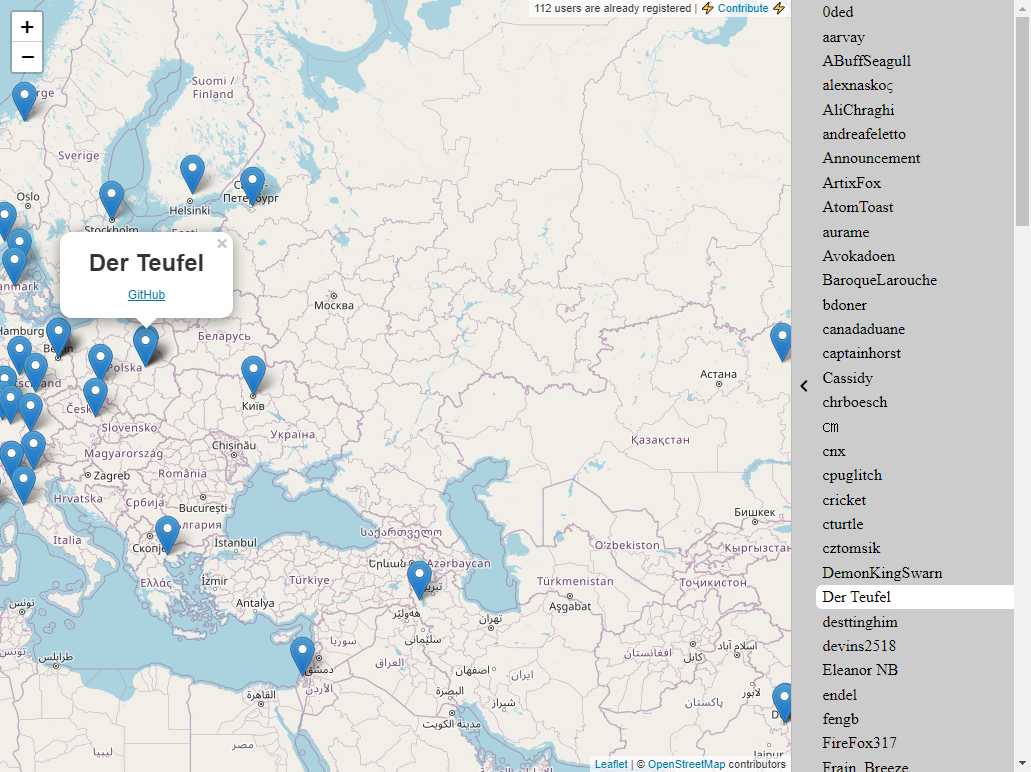 a detail view of a map around moscow, with Der Teufel highlighted. A sidebar lists all people available on the map